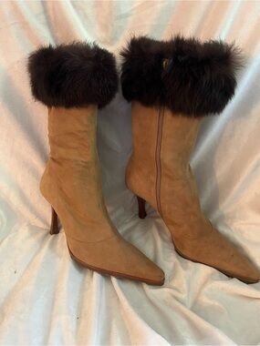 Made in Brazil Women’s Tan Suede Fur-Trim Stiletto Boots